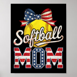 Softball Mom Coquette Bow Softball Usa Flag 4th Of Poster