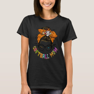 Softball Mom Messy Bun Women Halloween Sport Mothe T-Shirt