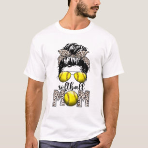 Softball Mom Mother's Day Leopard Messy Bun T-Shirt