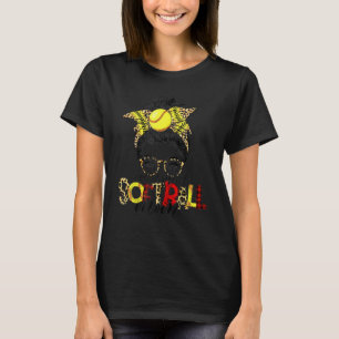 Softball Mum Leopard Funny Mum Messy Hair Bun Moth T-Shirt
