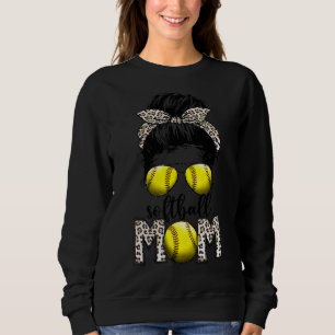 Softball Mum Life Leopard Messy Bun Game Day Wonm Sweatshirt