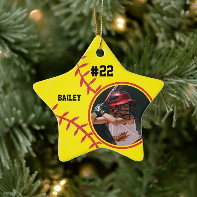 Softball Name Jersey Number Photo Keepsake Ceramic Ornament (Tree)