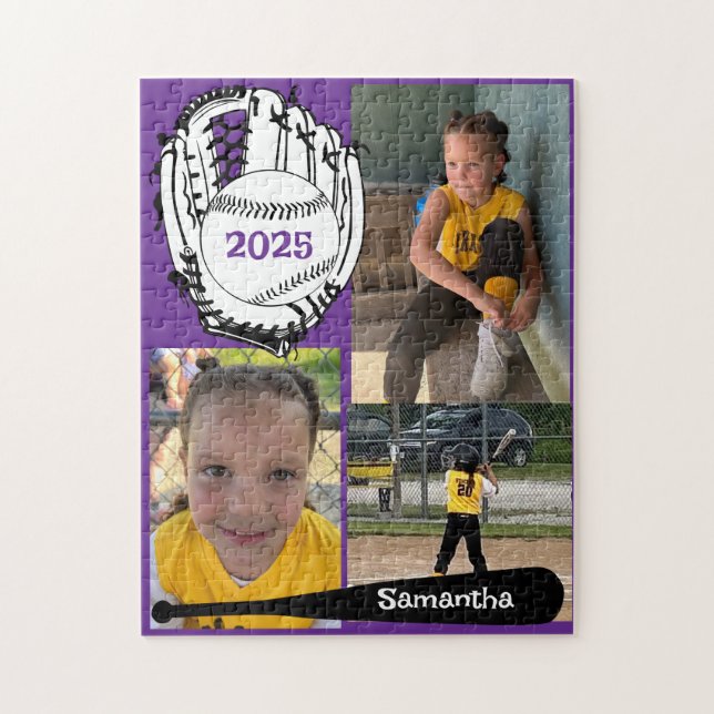 Softball or Baseball 3 Photo Jigsaw Puzzle Purple (Vertical)
