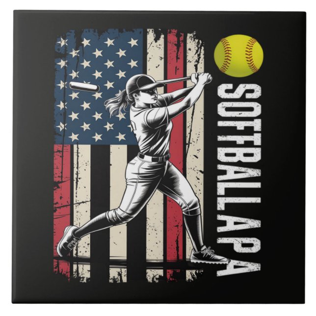 Softball Papa American US Flag Ceramic Tile (Front)
