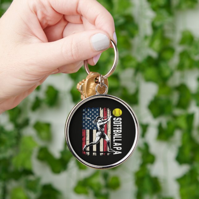 Softball Papa American US Flag Key Ring (Hand)