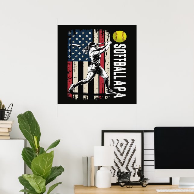 Softball Papa American US Flag Poster (Home Office)