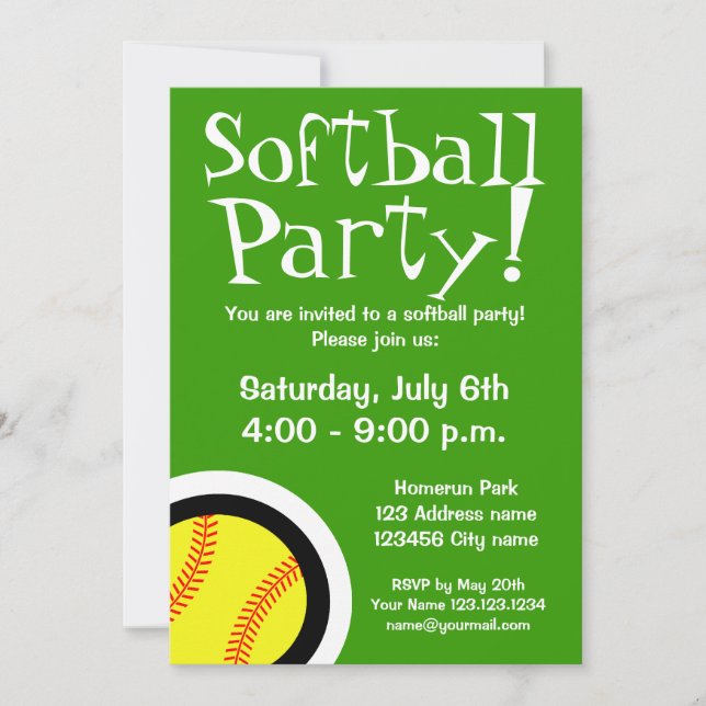 Softball party invitations for Birthdays and BBQ (Front)