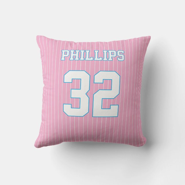 Softball Pink Blue and White Jersey Cushion (Back)