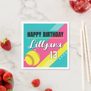 Softball Pink Teal Yellow Birthday Party, Any Age Napkin