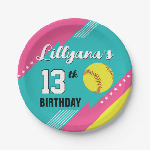 Softball Pink Teal Yellow Birthday Party, Any Age Paper Plate