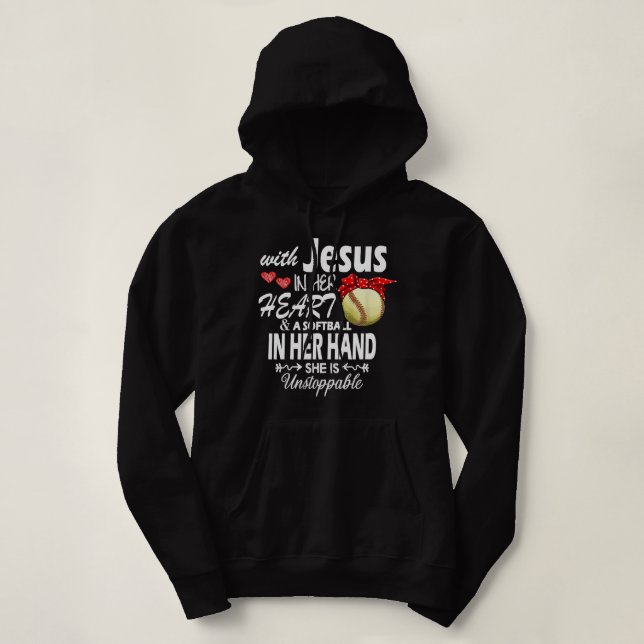 Softball Pitcher Hitter Catcher With Jesus In Her  Hoodie (Design Front)