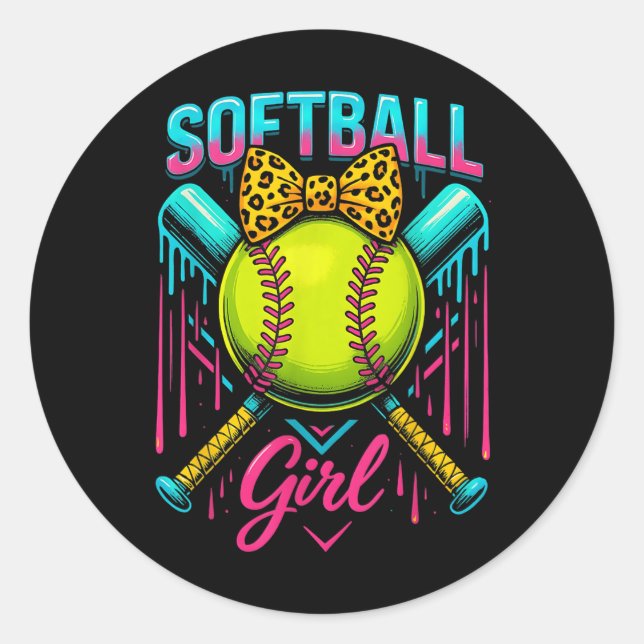 Softball Player Girl Ice Cream Softball Drip  Classic Round Sticker (Front)