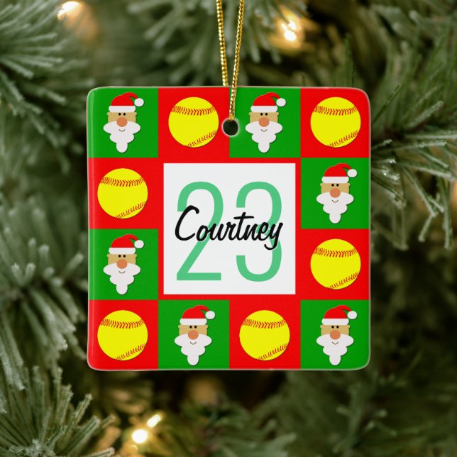 Softball Player Name and Number Custom Christmas Ceramic Ornament (Tree)