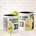 Softball Player Name Number Team 2 Photos Two-Tone Coffee Mug<br><div class="desc">Softball Player Name Number Team 2 Photos Coffee Mug. A perfect gift for the softball player in your life - a personalised mug that showcases their love for the game! This mug features two photos of the player in action on the softball field, giving them a constant reminder of the...</div>
