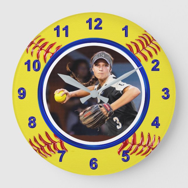 Softball Player's PHOTO Softball Clock, Blue Large Clock (Front)