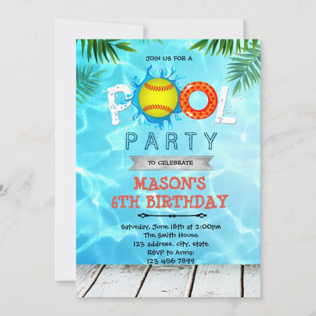 Softball Pool  birthday Party invitation (Front)