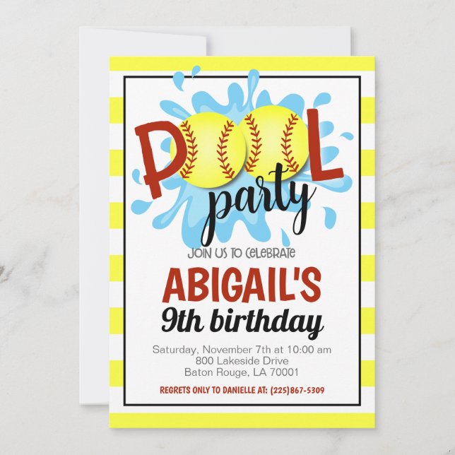 Softball Pool Party Birthday Invitation (Front)
