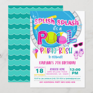 Softball Pool Party Birthday Invitation - Girl
