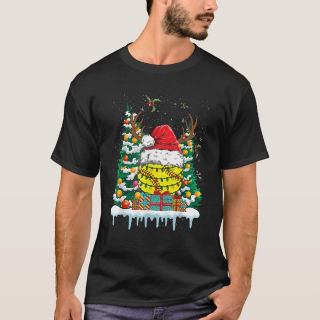 Softball Reindeer Christmas Lights Santa Hat Xmas  T-Shirt (Front)
