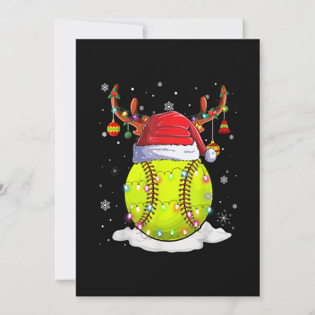 Softball Santa Hat Reindeer Christmas Lights Funny Holiday Card (Front)