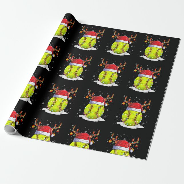 Softball Santa Hat Reindeer Christmas Lights Funny Wrapping Paper (Unrolled)