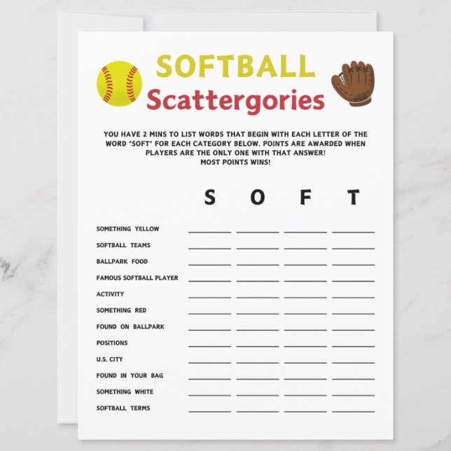 Softball Scattergories Game (Front)