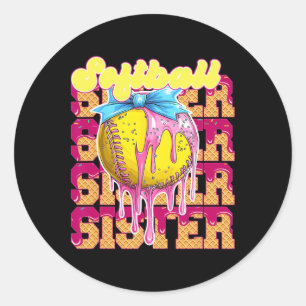 Softball Sister Ice Cream Drip Game Day Girl Bow L Classic Round Sticker