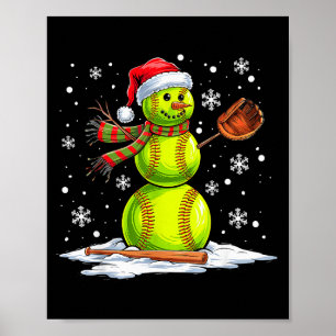 Softball Snowman Softball Player Santa Hat Christm Poster