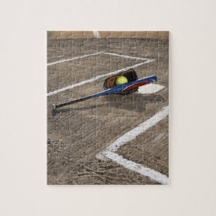 Softball, softball glove and bat at home plate jigsaw puzzle