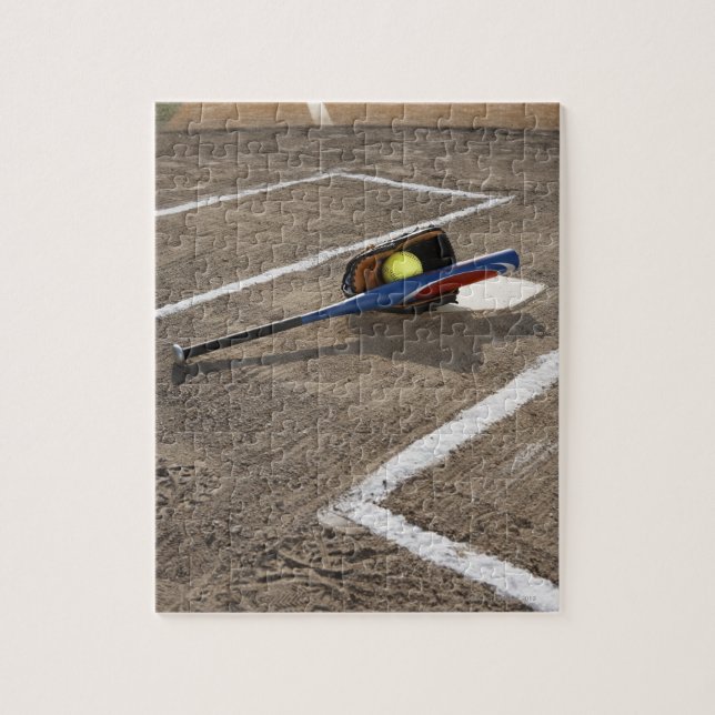 Softball, softball glove and bat at home plate jigsaw puzzle (Vertical)