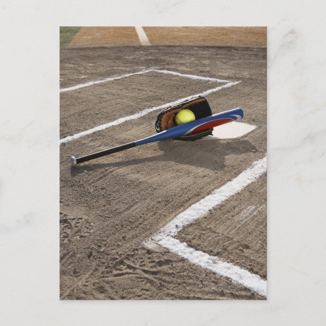 Softball, softball glove and bat at home plate postcard (Front)