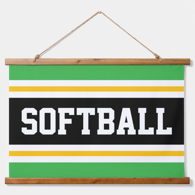 SOFTBALL Sporty Green Black Yellow White Stripes  Hanging Tapestry (Front)