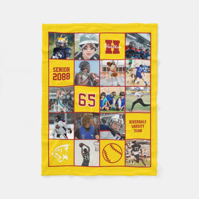 Softball Team Senior Night Custom Photo Yellow Red Fleece Blanket (Front)