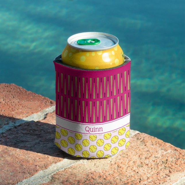 Softball themed pattern custom name pink can cooler (In Situ Pool)
