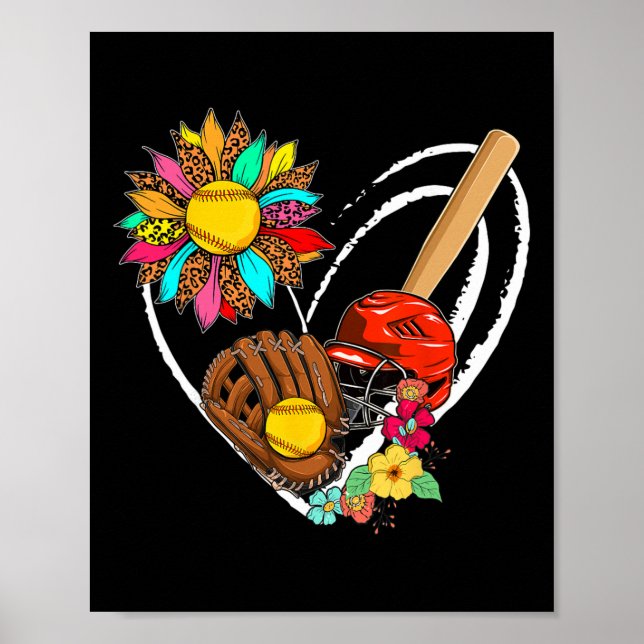 Softball Tools Sunflower Cute Heart Shape Floral F Poster (Front)