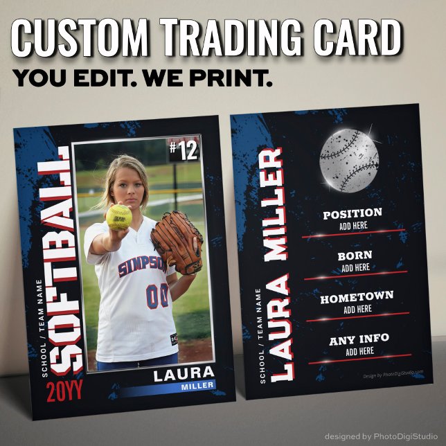 Softball Trading Card Classic Baseball Player Card (Custom Softball Trading Card, USA Blue Red Player Card)
