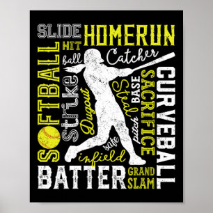 Softball Typography Word Art Funny Batter Pitcher  Poster