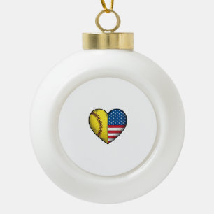 Softball USA Flag Heart Vintage Vector Design_1 Ceramic Ball Christmas Ornament