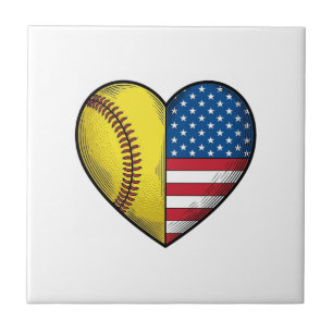 Softball USA Flag Heart Vintage Vector Design_1 Ceramic Tile