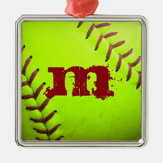 Softball Yellow Fast Pit Monogram Initial Ornament (Front)