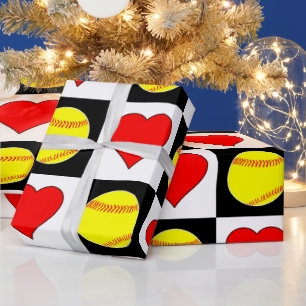 Softballs & Hearts Cute Chequered Pattern Wrapping Paper