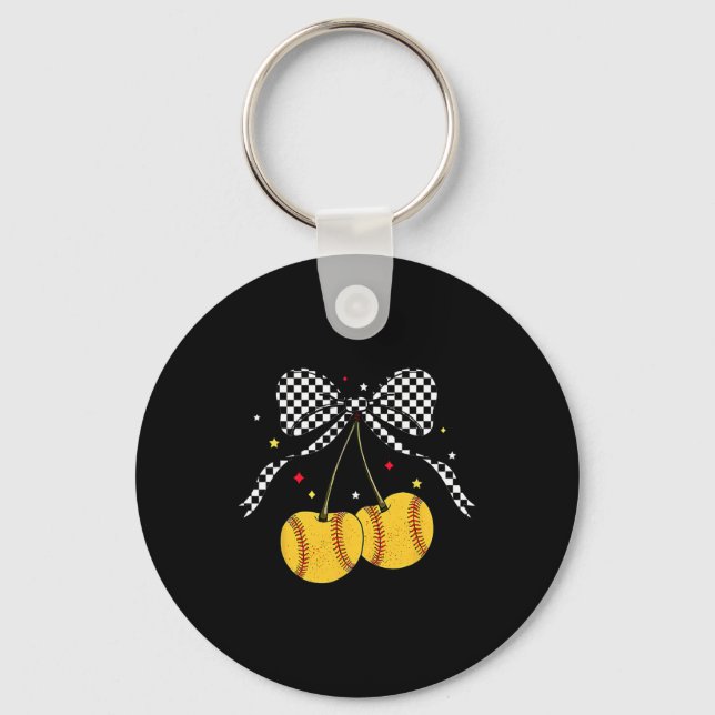 Softll Cherries Coquette Bow Checkered Softll Mom  Key Ring (Front)