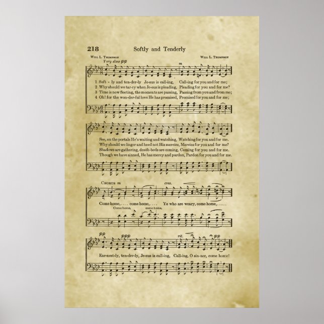 Softly and Tenderly Gospel Sheet Music Poster (Front)