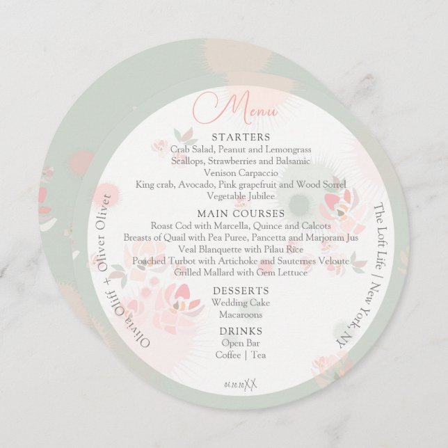 Softness Tea Roses Wedding Circle Menu (Front/Back)