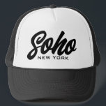 Soho New York trucker hat with script typography<br><div class="desc">Soho New York trucker hat with script typography. Custom black and white baseball cap for casual wear,  sports,  golf and more. Stylish hand lettering design for men and women. Available in other cool colours too.</div>