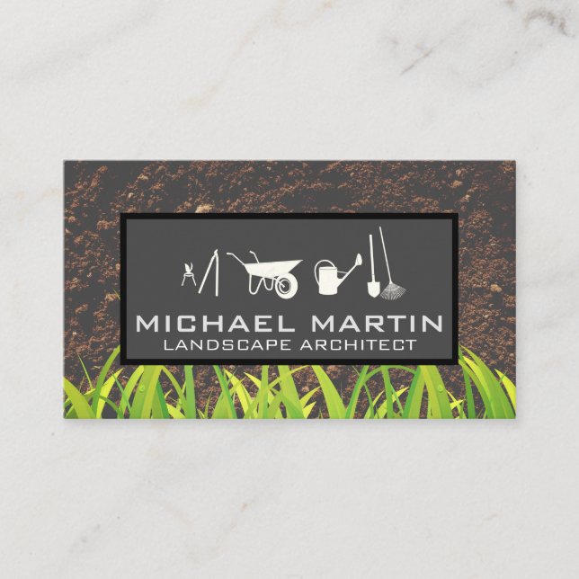 Soil and Growing Grass | Gardening Tools Business Card (Front)