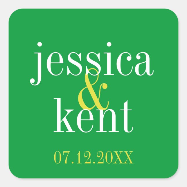 Soild green clean typography modern wedding favour square sticker (Front)