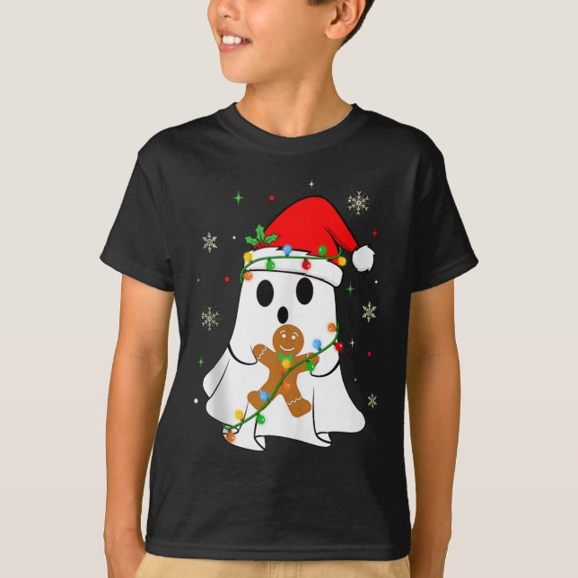 Soky Ghost Christmas Lights Santa Hat Funny Boo Gh T-Shirt (Front)