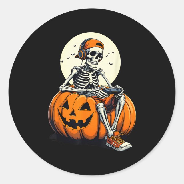 Soky Pumpkin &amp; Skeleton Gamer Tee _ Boys &amp; Classic Round Sticker (Front)