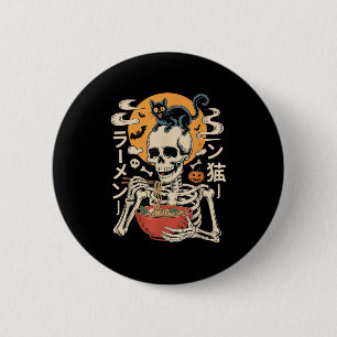 Soky Skeleton Eating Ramen Bowl With Cat Halloween 6 Cm Round Badge